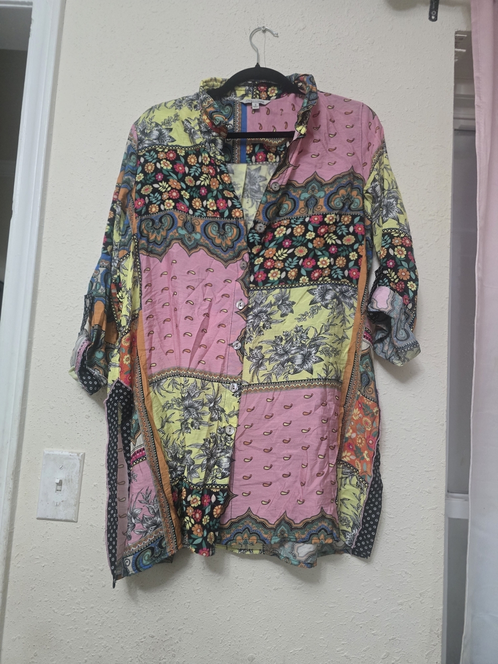 John Mark Multi‑Color Patchwork Tunic — Pink, Yellow, Black, Blue, Orange
